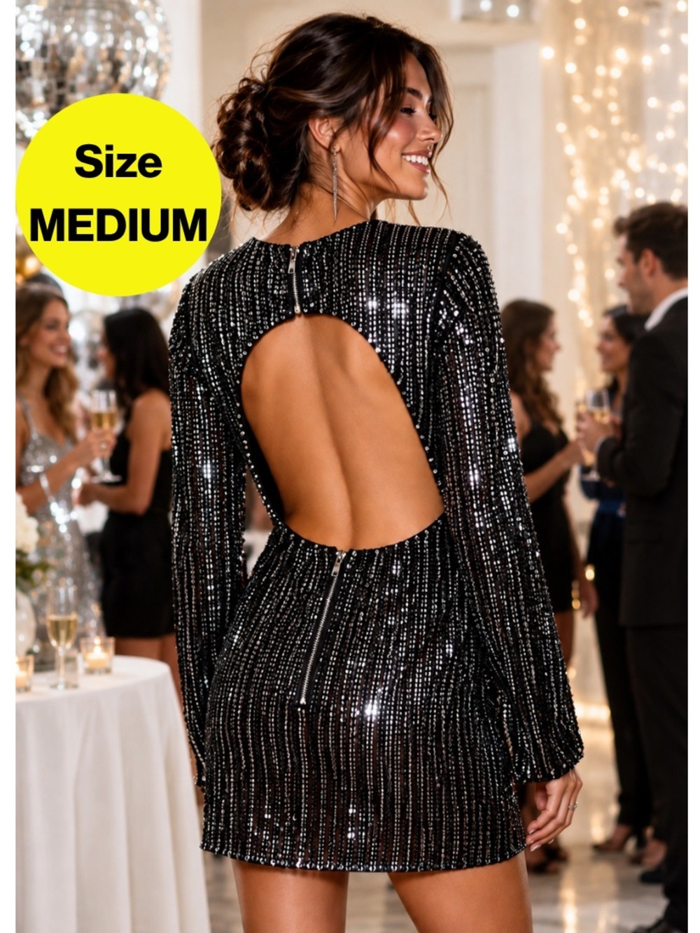 ENDLESS ROSE 💎Open Back Black Silver Sequin Mini Dress (Women's Size Medium)